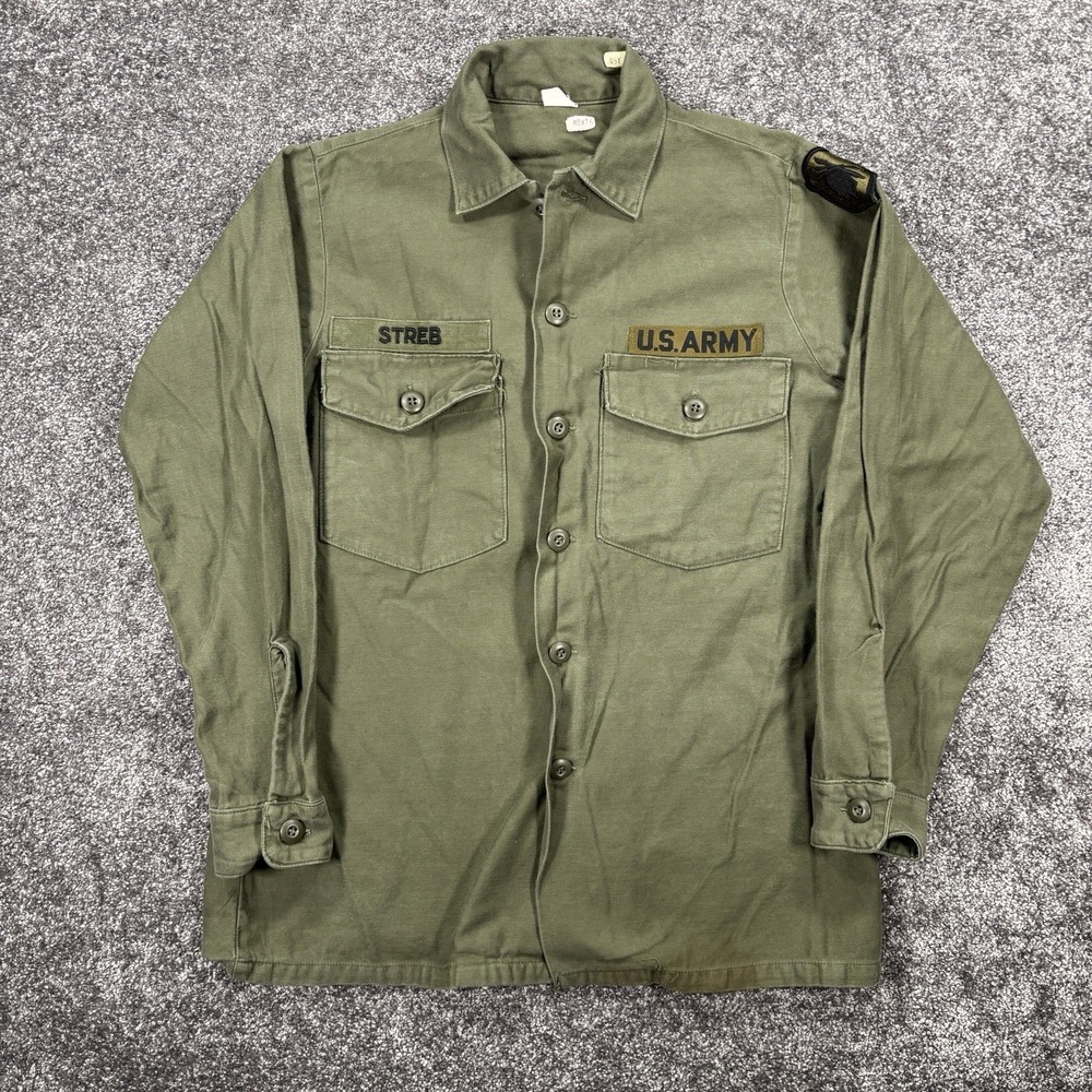 Vintage 70s OG-107 Sateen Shirt Men's 15.5x33 Army Vietnam DSA 100 Green Cotton